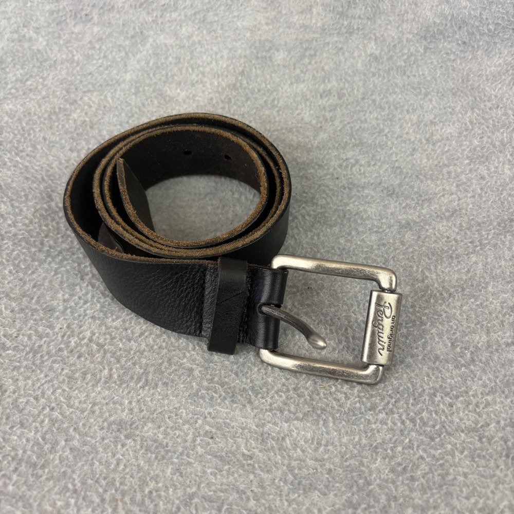 Original Penguin Belt Mens 34 Black Full Grain Cowhide Leather Silver Buckle
